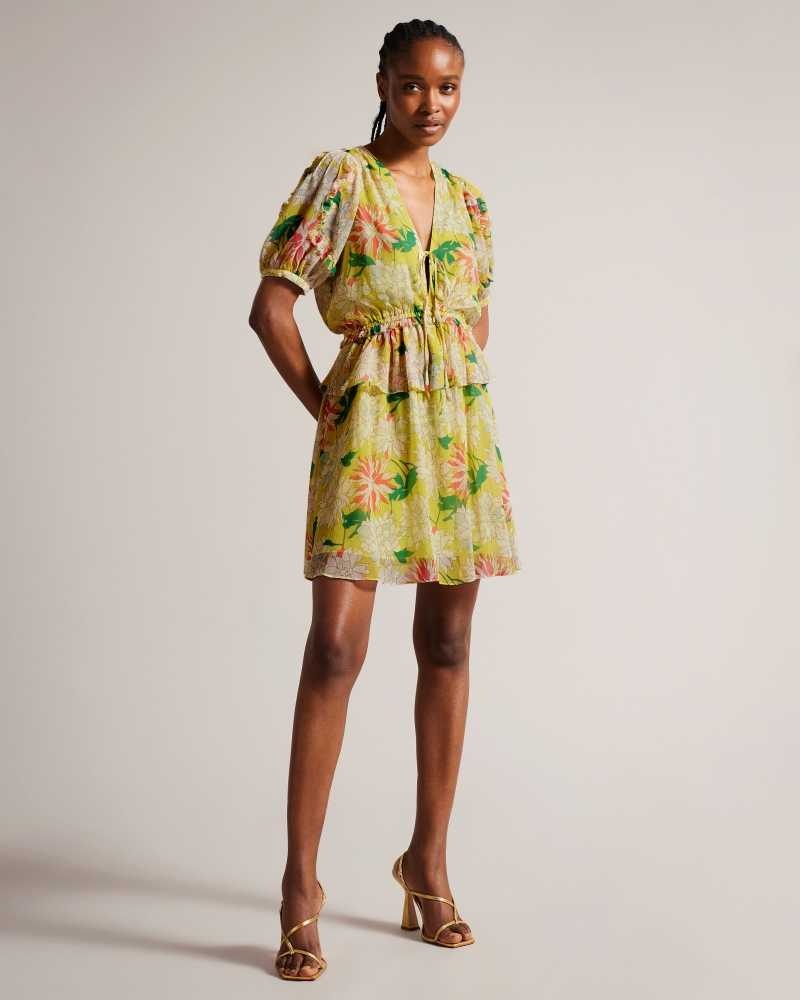 Bright Yellow Ted Baker Isbella V Neck Peplum Waist Mini Dress | ZA0000210