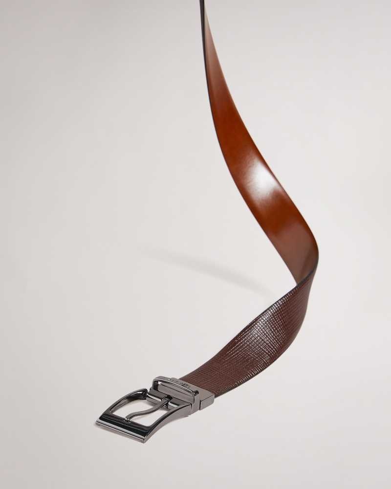 Brown Chocolate Ted Baker Twin Cross Hatch Leather Reversible Belt | ZA0001781