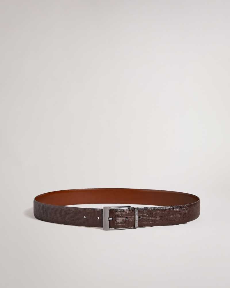 Brown Chocolate Ted Baker Twin Cross Hatch Leather Reversible Belt | ZA0001781