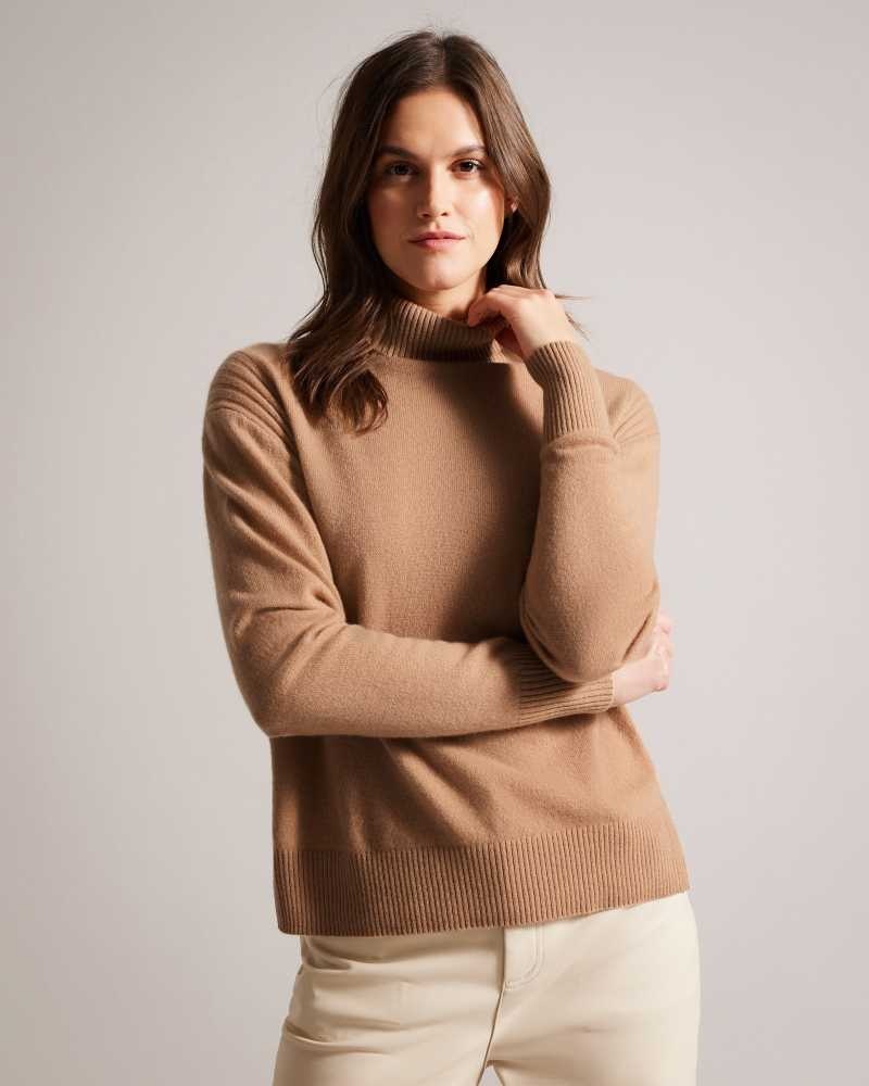 Camel Ted Baker Ruthell Organic Cashmere Roll Neck Jumper | ZA0000757