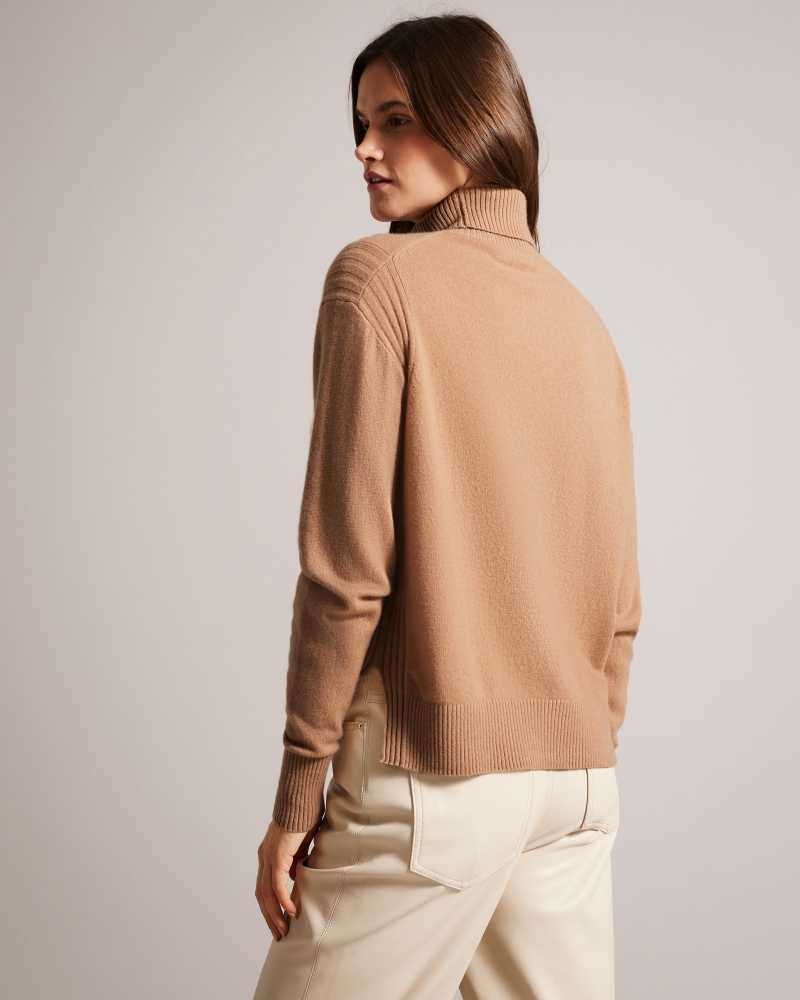 Camel Ted Baker Ruthell Organic Cashmere Roll Neck Jumper | ZA0000757