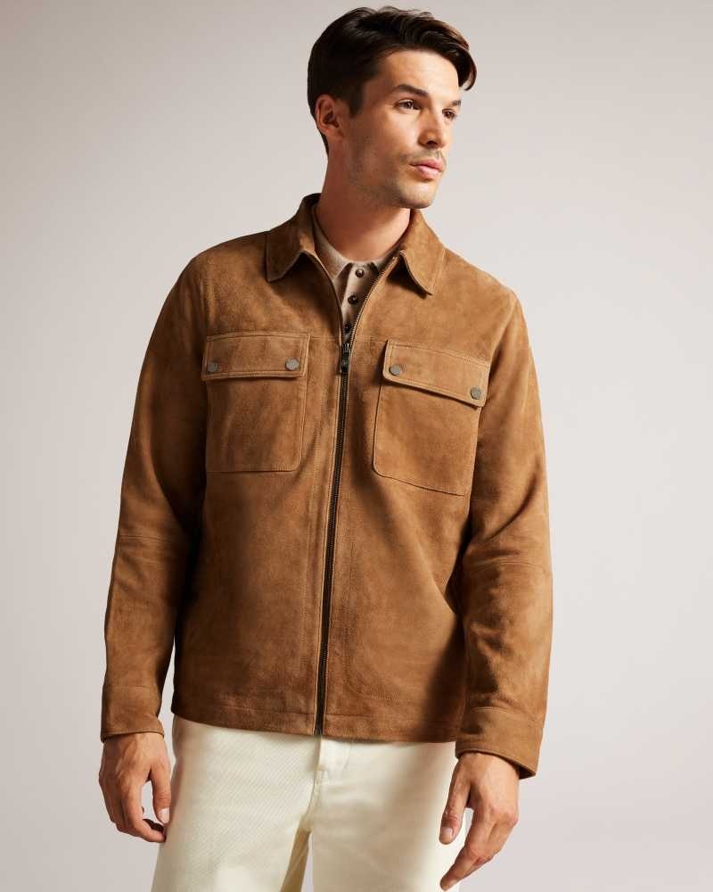 Camel Ted Baker Thierry Suede Zip Through Shacket | ZA0000655