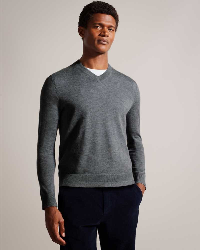 Charcoal Ted Baker Lambeh V-Neck Merino Wool Jumper | ZA0000769