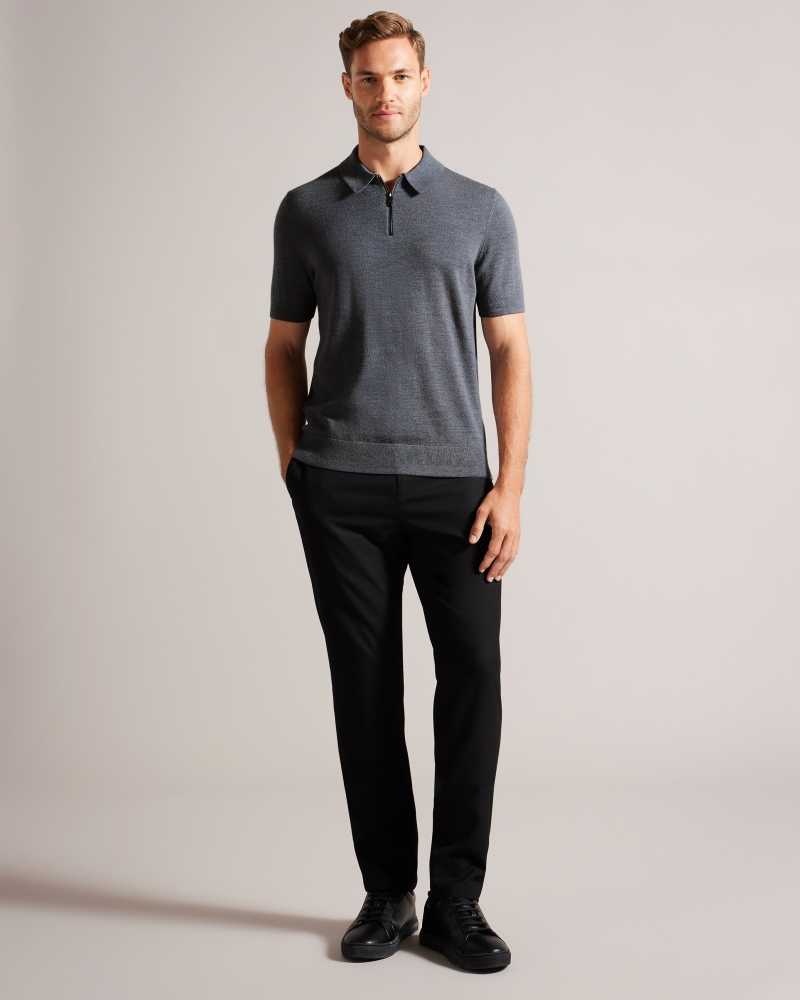 Charcoal Ted Baker Tohall Short Sleeve Merino Wool Zip Polo Shirt | ZA0000868