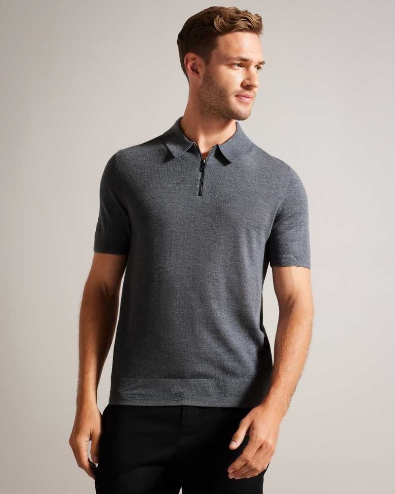 Charcoal Ted Baker Tohall Short Sleeve Merino Wool Zip Polo Shirt | ZA0000868