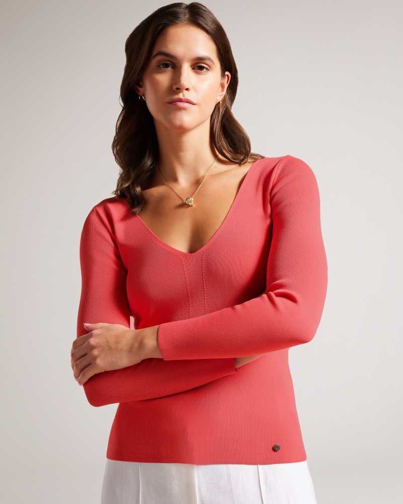 Coral Ted Baker Cileste V Neck Slim Fit Knit Top | ZA0000766