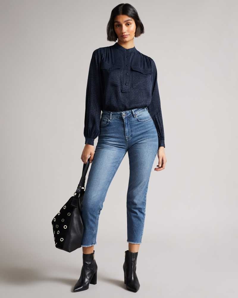 Dark Blue Ted Baker Agnez Grandad Collar Cupro Blouse | ZA0001448