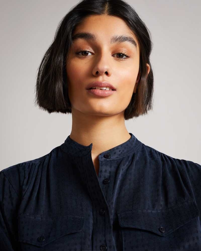 Dark Blue Ted Baker Agnez Grandad Collar Cupro Blouse | ZA0001448