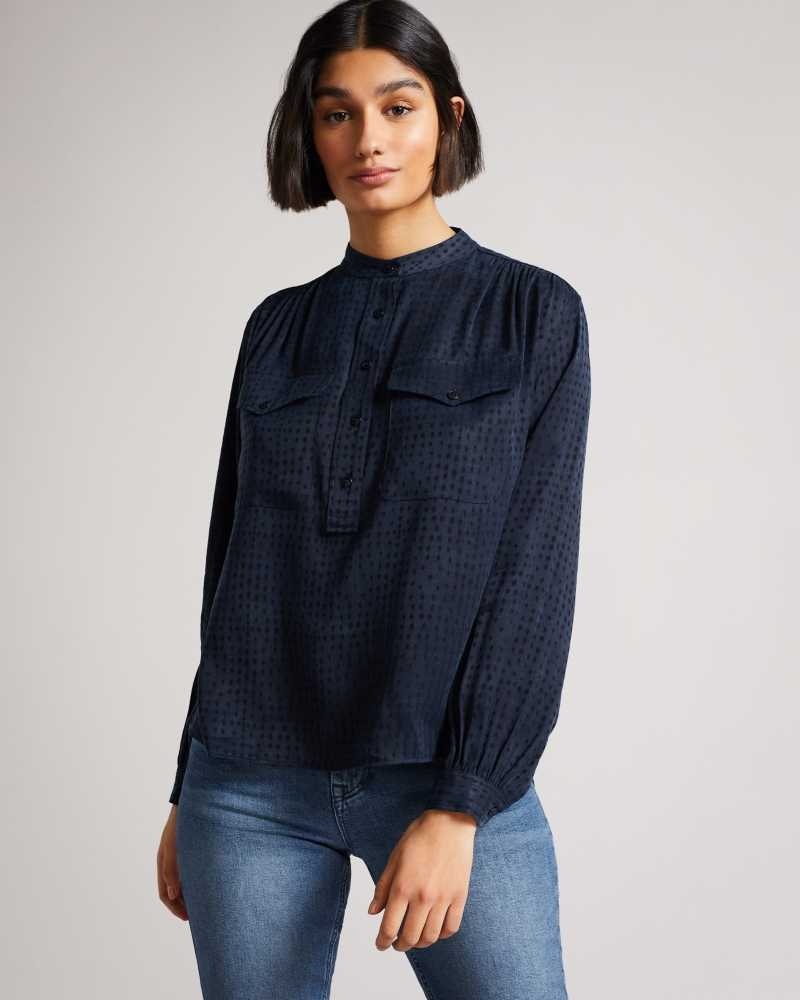 Dark Blue Ted Baker Agnez Grandad Collar Cupro Blouse | ZA0001448