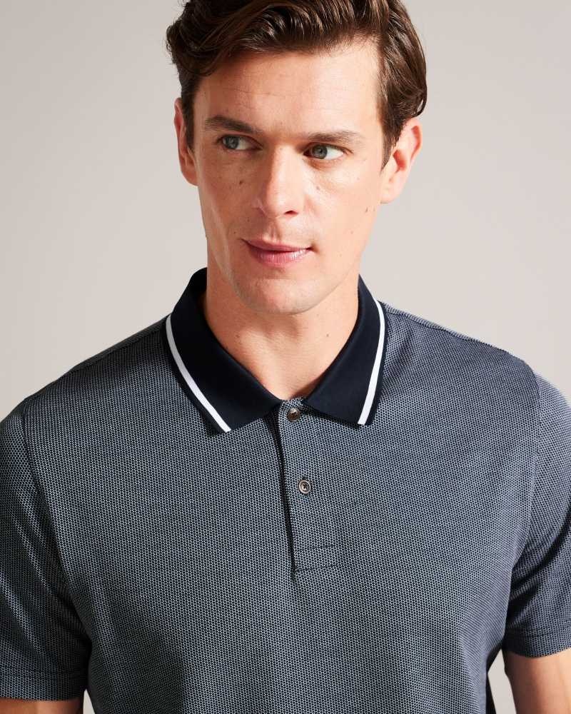 Dark Blue Ted Baker Arts Mini Jacquard Stitch Polo Shirt | ZA0000898