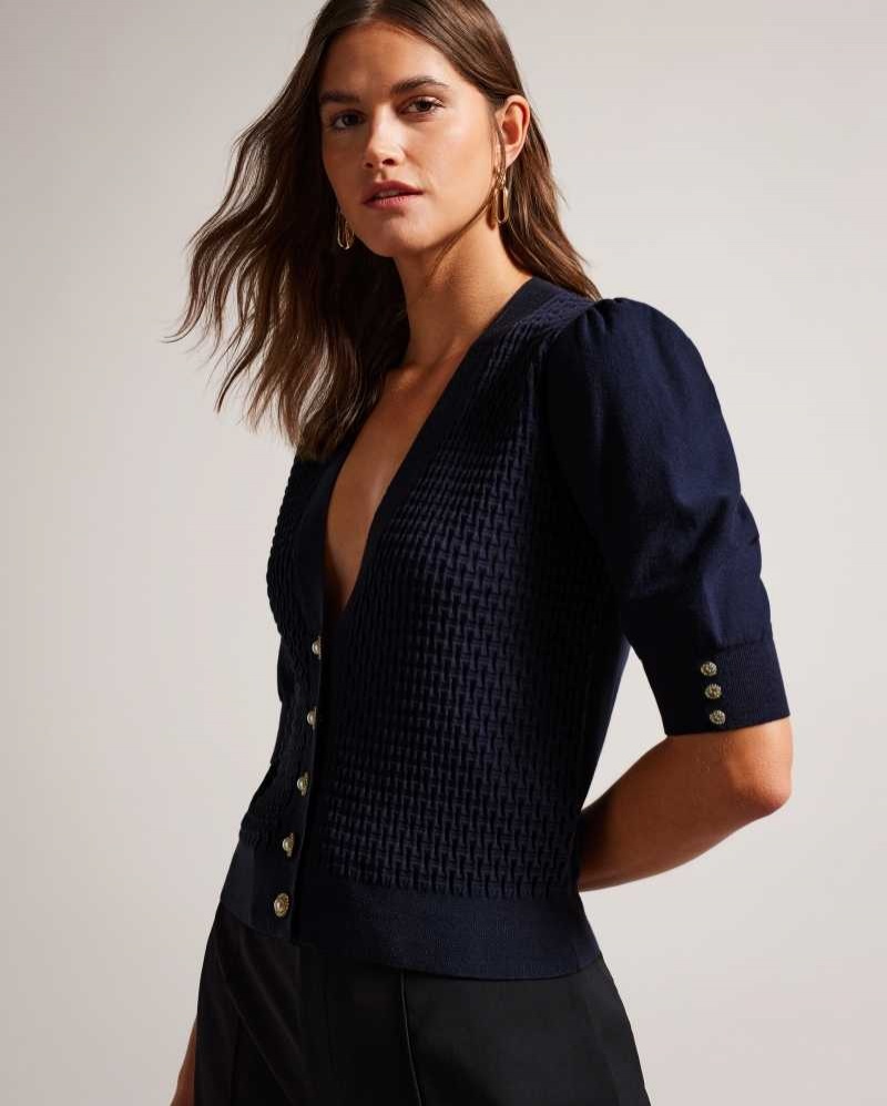 Dark Blue Ted Baker Charess Cropped Cardigan with Diamante Buttons | ZA0000734