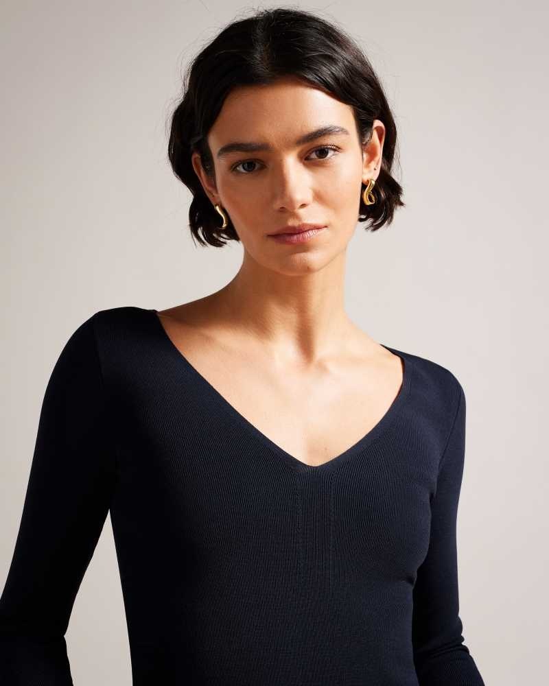 Dark Blue Ted Baker Cileste V Neck Slim Fit Knit Top | ZA0000773