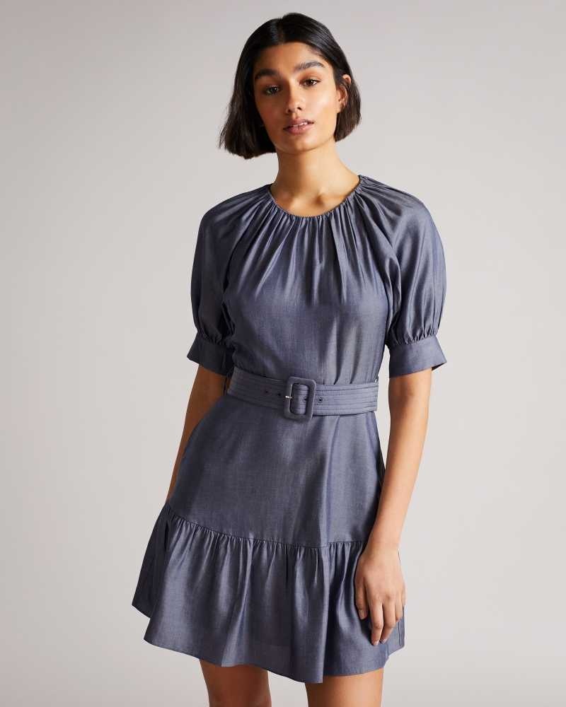 Dark Blue Ted Baker Damiale Belted Tiered Mini Dress | ZA0000242