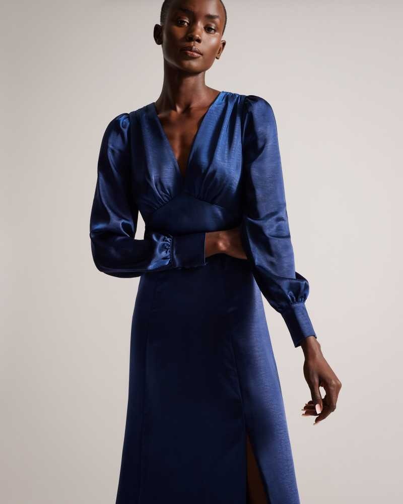 Dark Blue Ted Baker Daniia Satin Midi Dress With Blouson Sleeve | ZA0000263