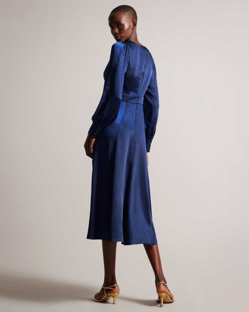 Dark Blue Ted Baker Daniia Satin Midi Dress With Blouson Sleeve | ZA0000263