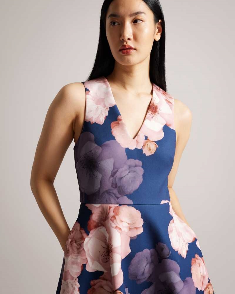 Dark Blue Ted Baker Emleey V-Neck Printed Skater Dress | ZA0000223