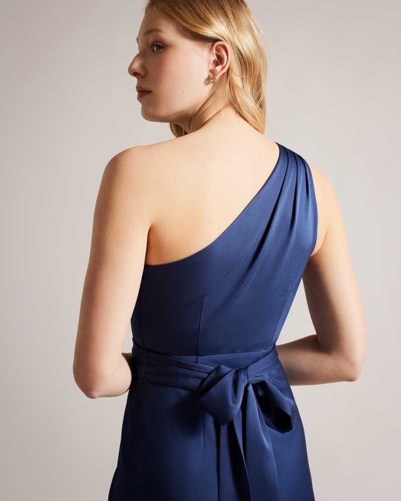 Dark Blue Ted Baker Gabie One Shoulder Drape Midi Dress | ZA0000234