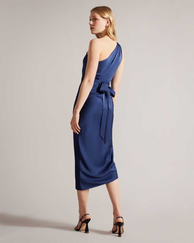 Dark Blue Ted Baker Gabie One Shoulder Drape Midi Dress | ZA0000234