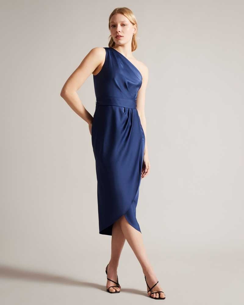 Dark Blue Ted Baker Gabie One Shoulder Drape Midi Dress | ZA0000234