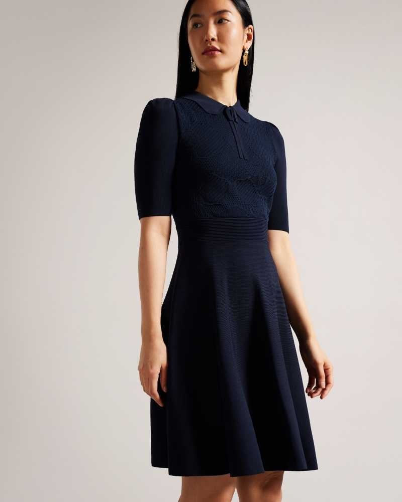 Dark Blue Ted Baker Hillder Delicate Pointelle Knit Dress | ZA0000179