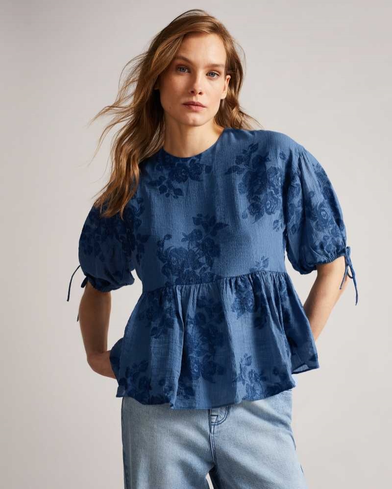 Dark Blue Ted Baker Kaarin Exaggerated Puff Sleeve Top | ZA0001374