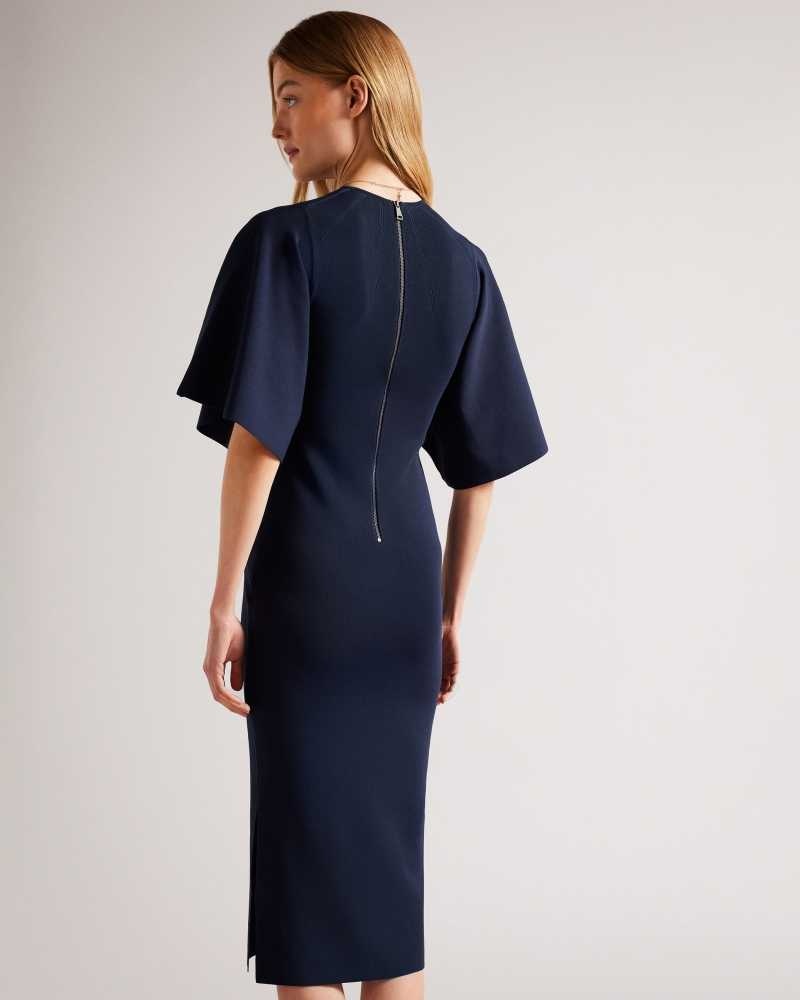 Dark Blue Ted Baker Lounia Fluted Sleeve Knitted Bodycon Midi Dress | ZA0000136