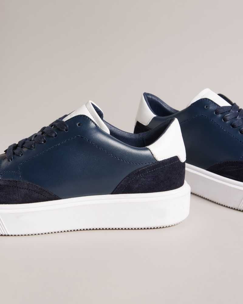 Dark Blue Ted Baker Luigis Inflated Sole Leather And Suede Sneakers | ZA0001735