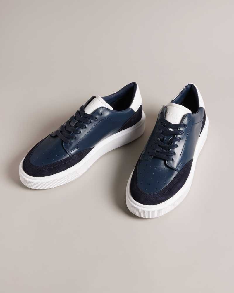 Dark Blue Ted Baker Luigis Inflated Sole Leather And Suede Sneakers | ZA0001735