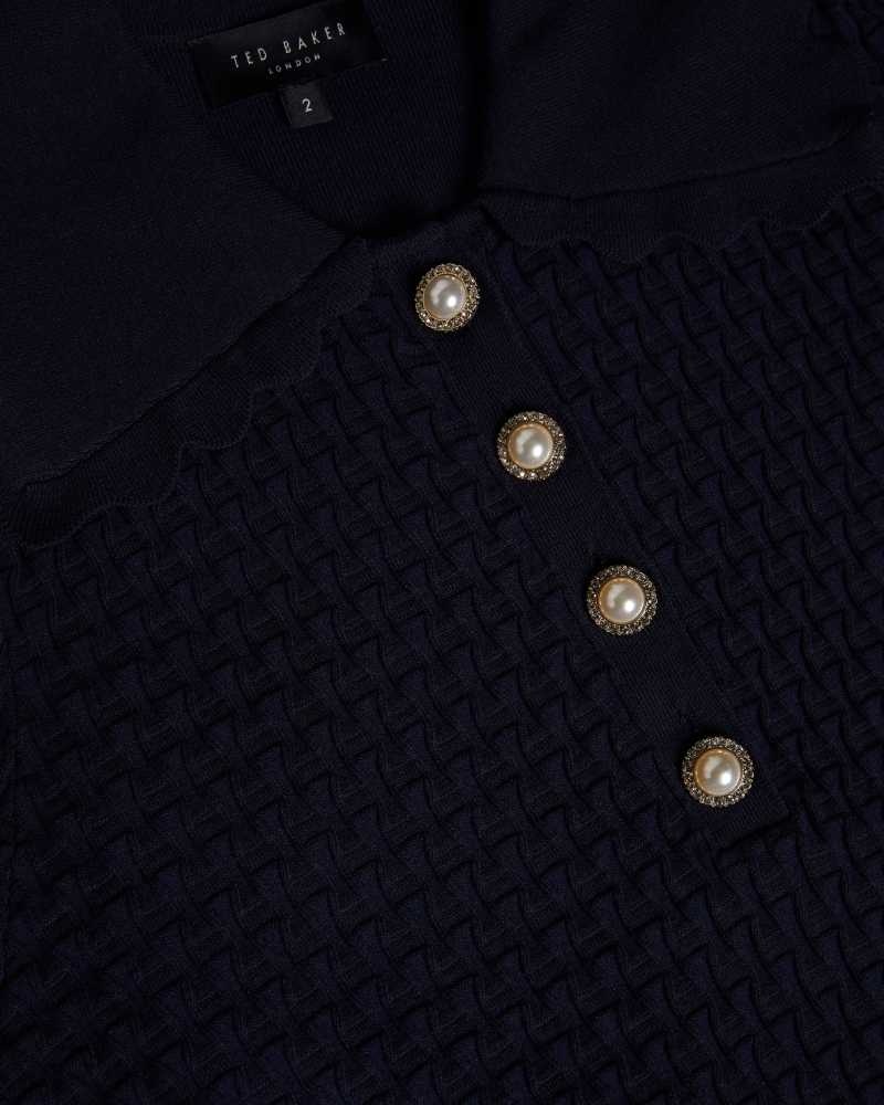 Dark Blue Ted Baker Reannia Polo Knit Top With Embellished Buttons | ZA0001318