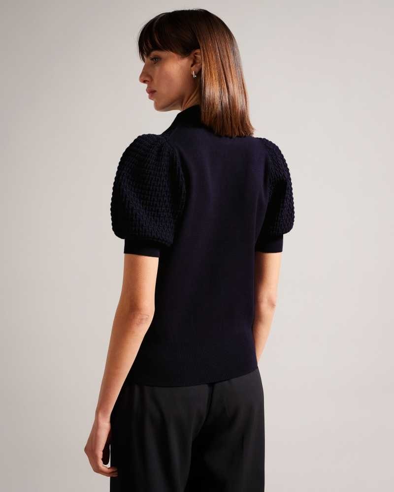 Dark Blue Ted Baker Reannia Polo Knit Top With Embellished Buttons | ZA0001318