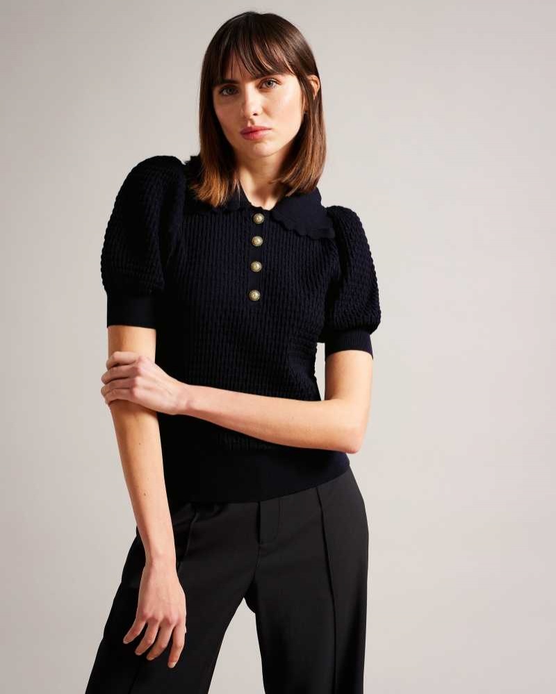 Dark Blue Ted Baker Reannia Polo Knit Top With Embellished Buttons | ZA0001318