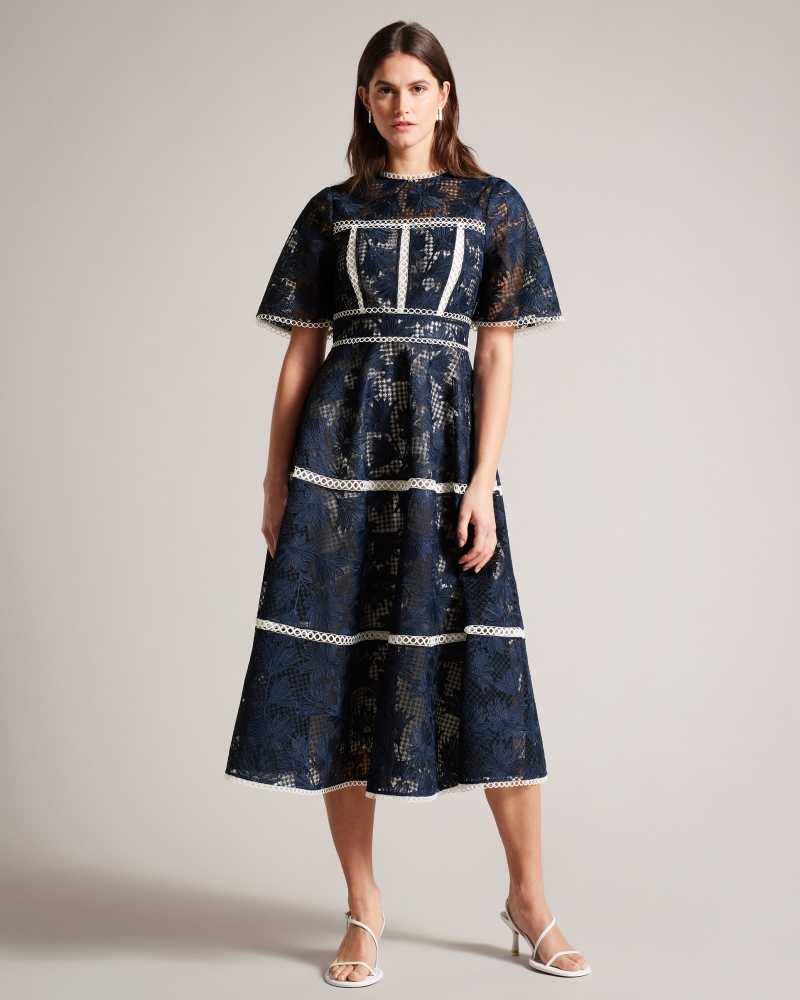 Dark Blue Ted Baker Rubiely Midi Fit And Flare Lace Dress | ZA0000207