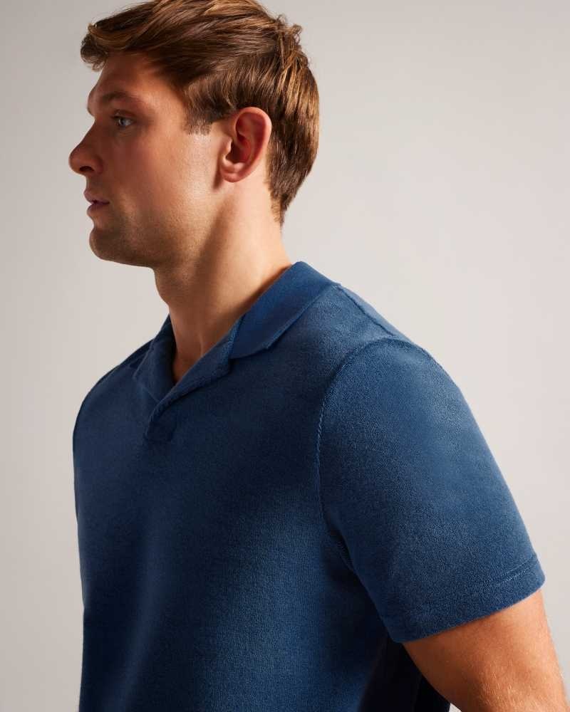 Dark Blue Ted Baker Sndbank Towelling Revere Collar Polo Shirt | ZA0000861