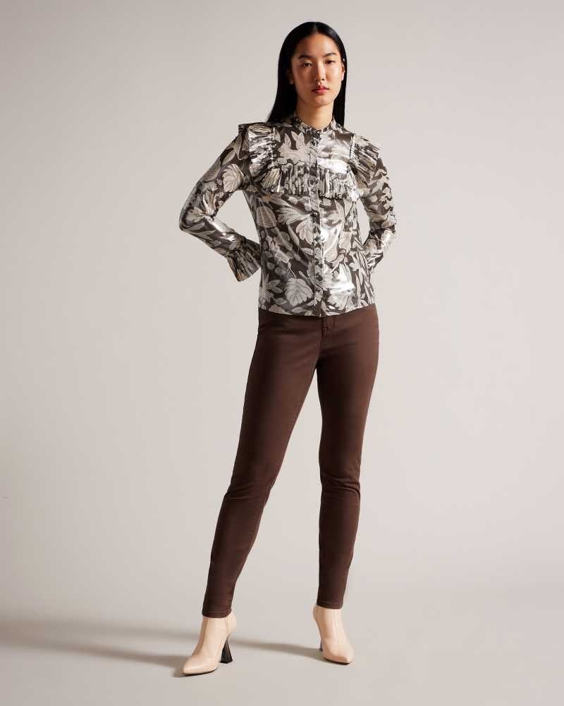 Dark Brown Ted Baker Dottiah Blouse With Ruffle Bib Detail | ZA0001392