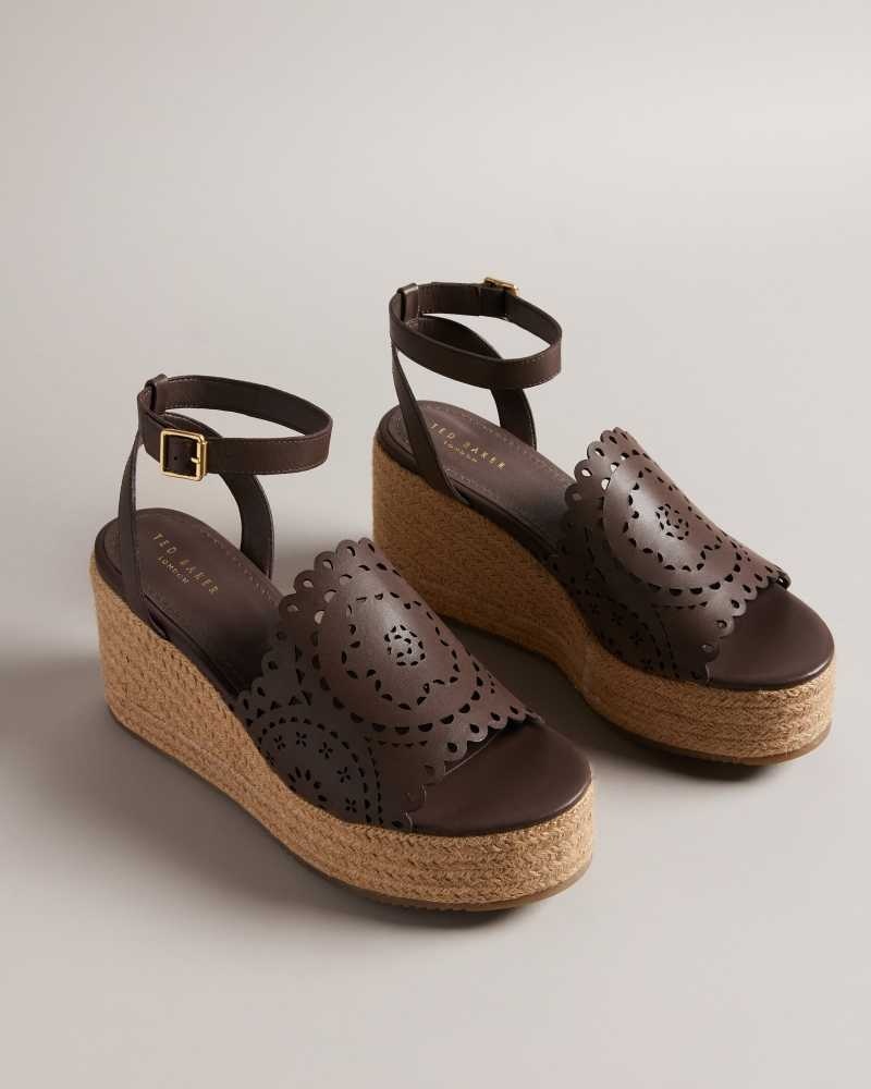 Dark Brown Ted Baker Pinky Laser Cut Wedge Espadrille Sandals | ZA0001671