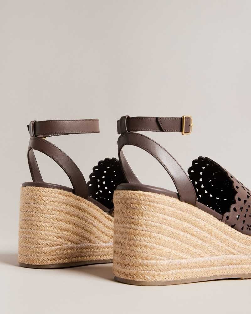 Dark Brown Ted Baker Pinky Laser Cut Wedge Espadrille Sandals | ZA0001671