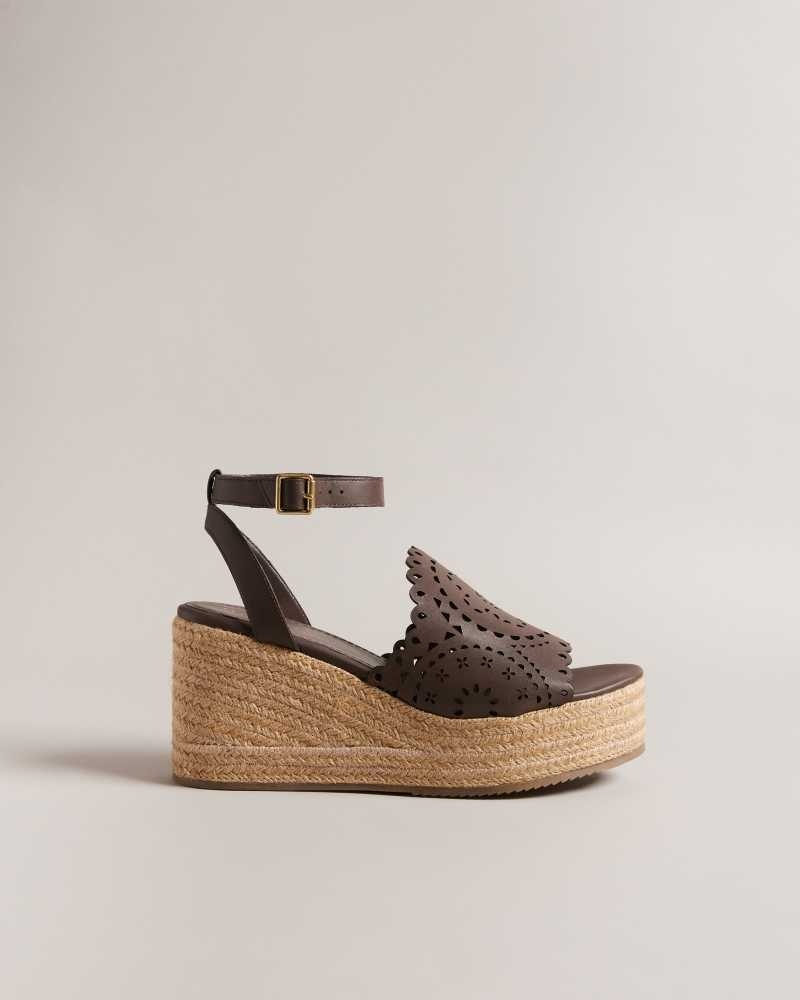 Dark Brown Ted Baker Pinky Laser Cut Wedge Espadrille Sandals | ZA0001671