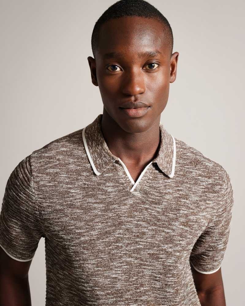 Dark Brown Ted Baker Plantr Open Collar Marled Polo Shirt | ZA0000893