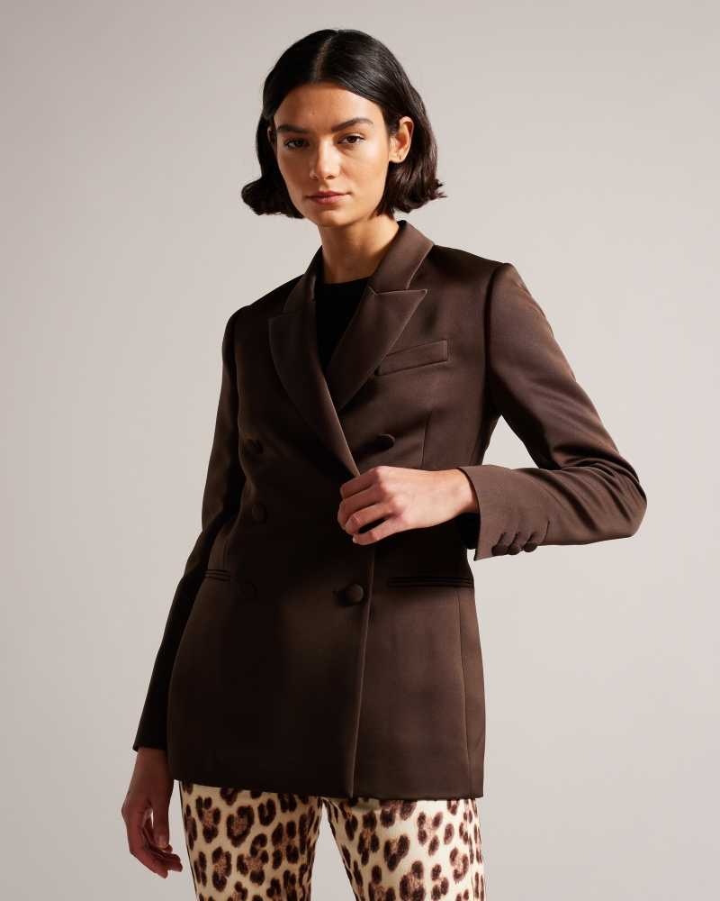 Dark Brown Ted Baker Seraph Double Breasted Satin Boyfriend Blazer | ZA0000547