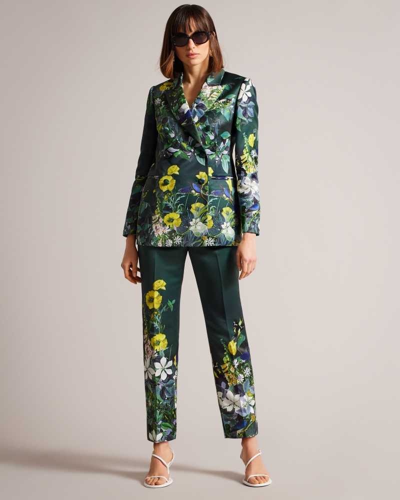 Dark Green Ted Baker Aikaa Printed Satin Double Breasted Jacket | ZA0001109