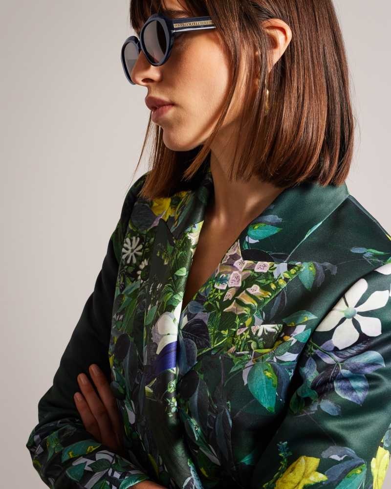 Dark Green Ted Baker Aikaa Printed Satin Double Breasted Jacket | ZA0001109