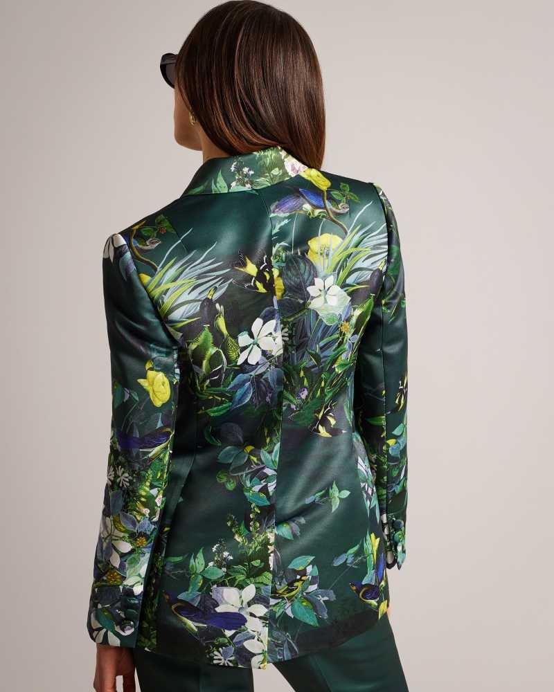 Dark Green Ted Baker Aikaa Printed Satin Double Breasted Jacket | ZA0001109