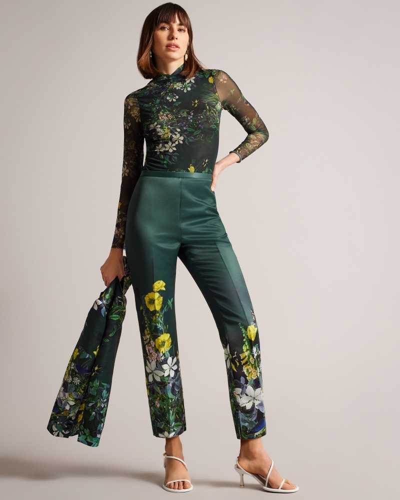 Dark Green Ted Baker Aikaat High Rise Cropped Botanical Trousers | ZA0001505