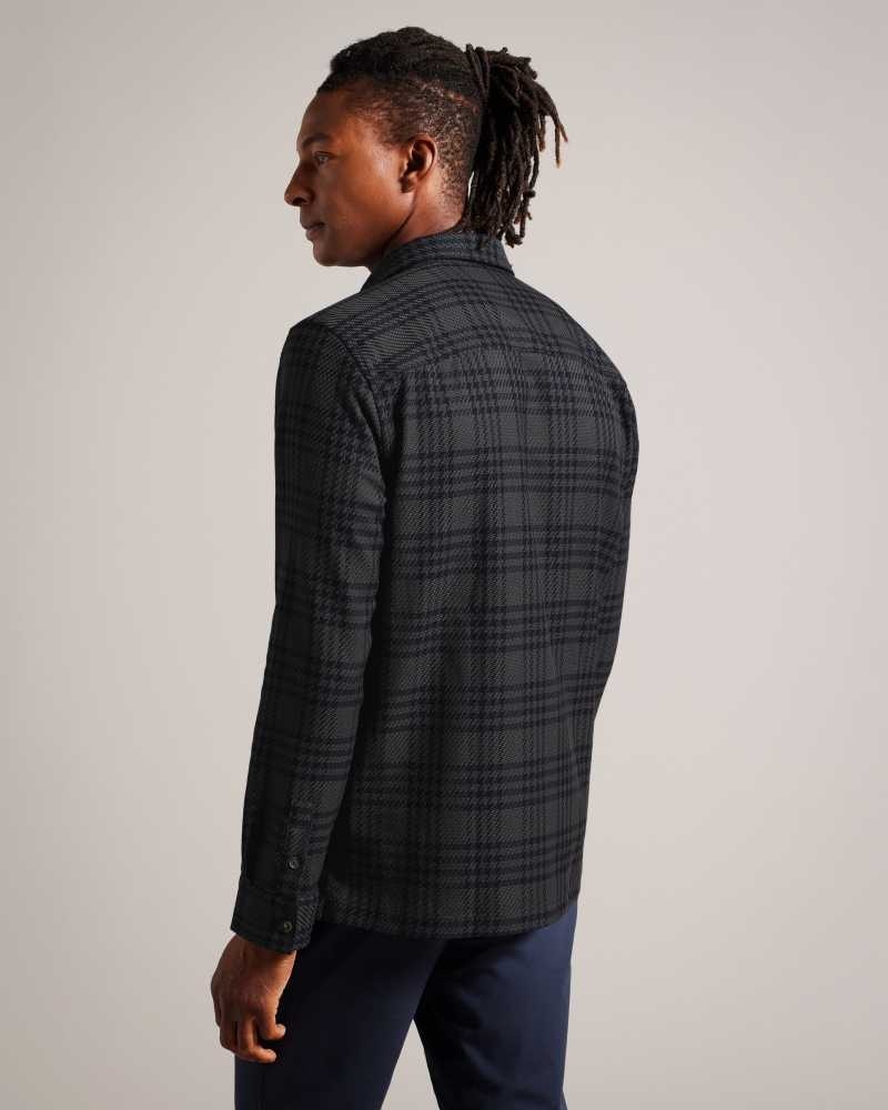 Dark Green Ted Baker Chieti Long Sleeve Textured Check Shirt | ZA0001022