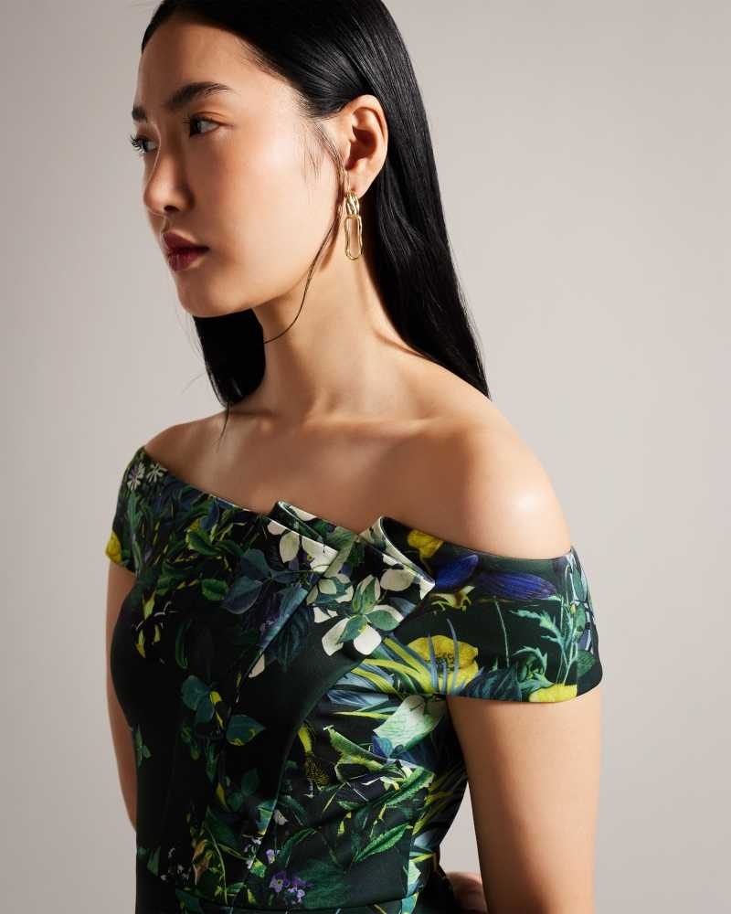 Dark Green Ted Baker Divena Floral Pleated Bardot Bodycon Dress | ZA0000243