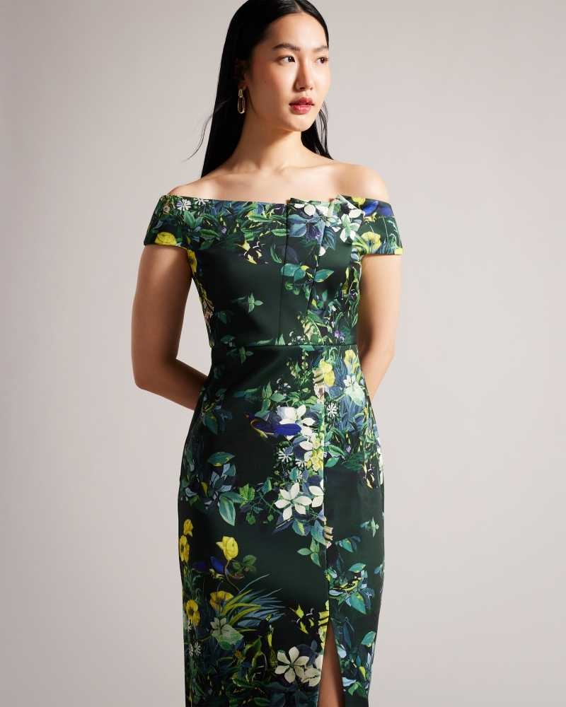 Dark Green Ted Baker Divena Floral Pleated Bardot Bodycon Dress | ZA0000243