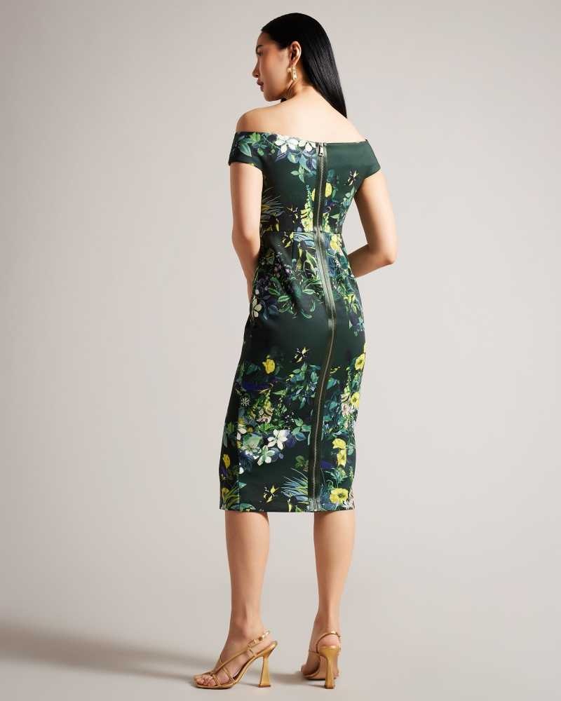 Dark Green Ted Baker Divena Floral Pleated Bardot Bodycon Dress | ZA0000243