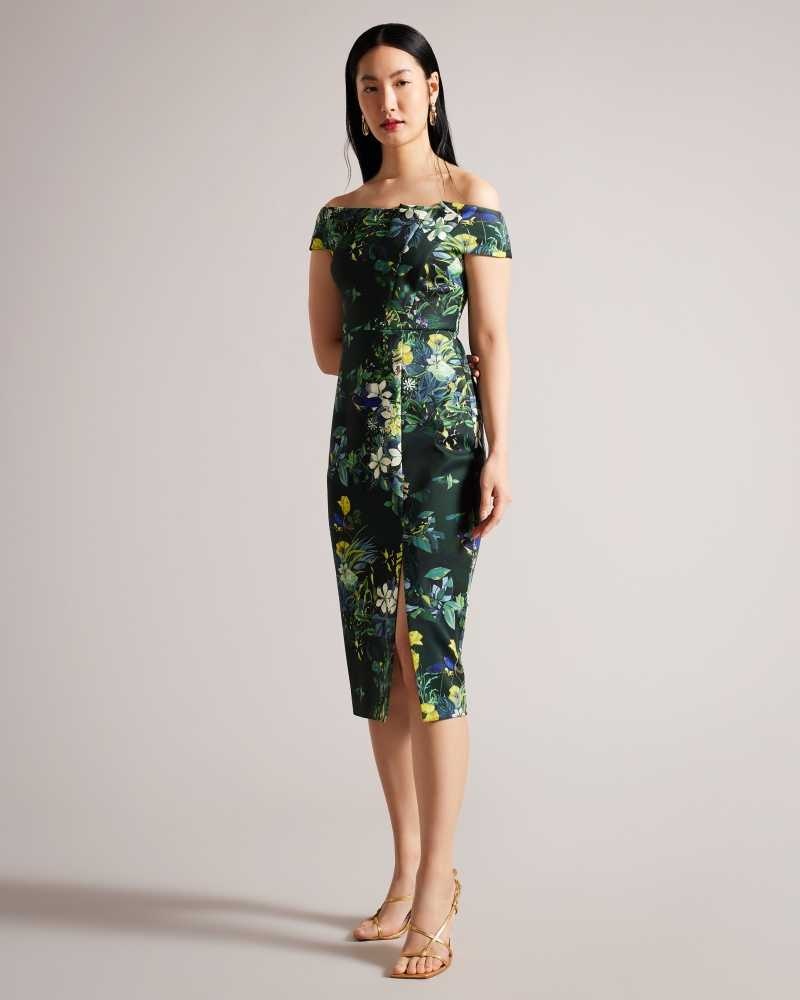 Dark Green Ted Baker Divena Floral Pleated Bardot Bodycon Dress | ZA0000243