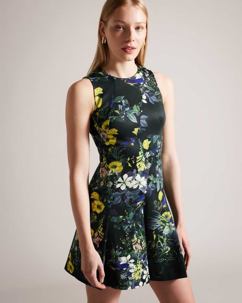 Dark Green Ted Baker Lexiya Printed Neoprene Skater Dress | ZA0000271