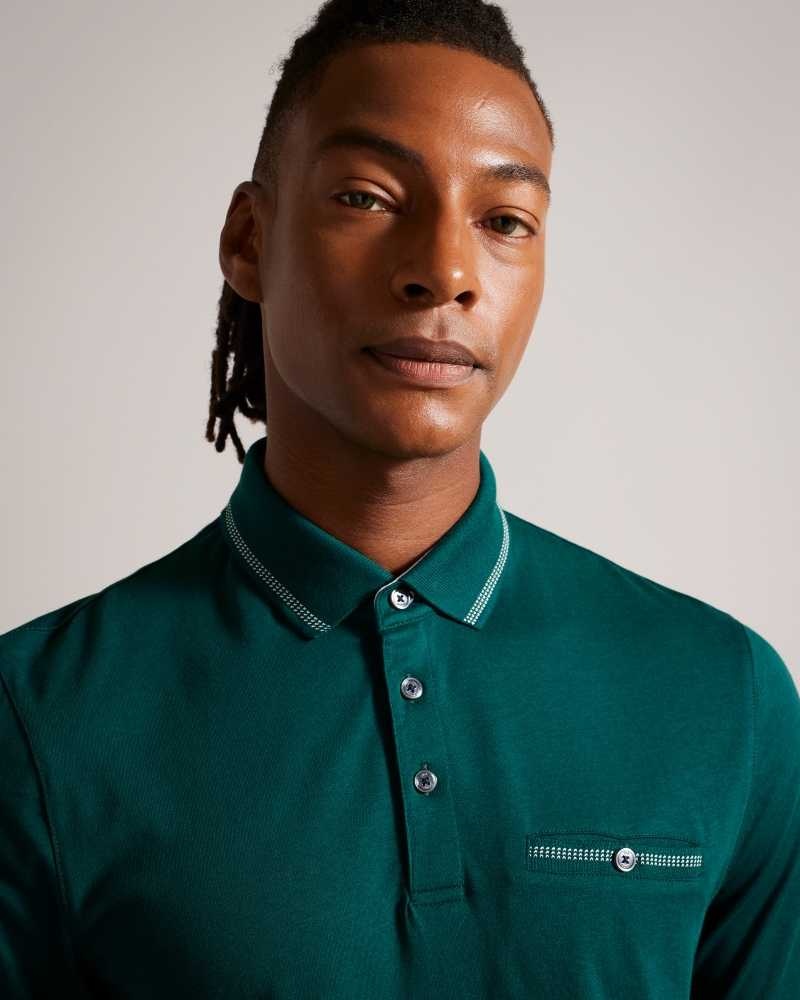 Dark Green Ted Baker Tortila Polo Shirt With Striped Details | ZA0001340